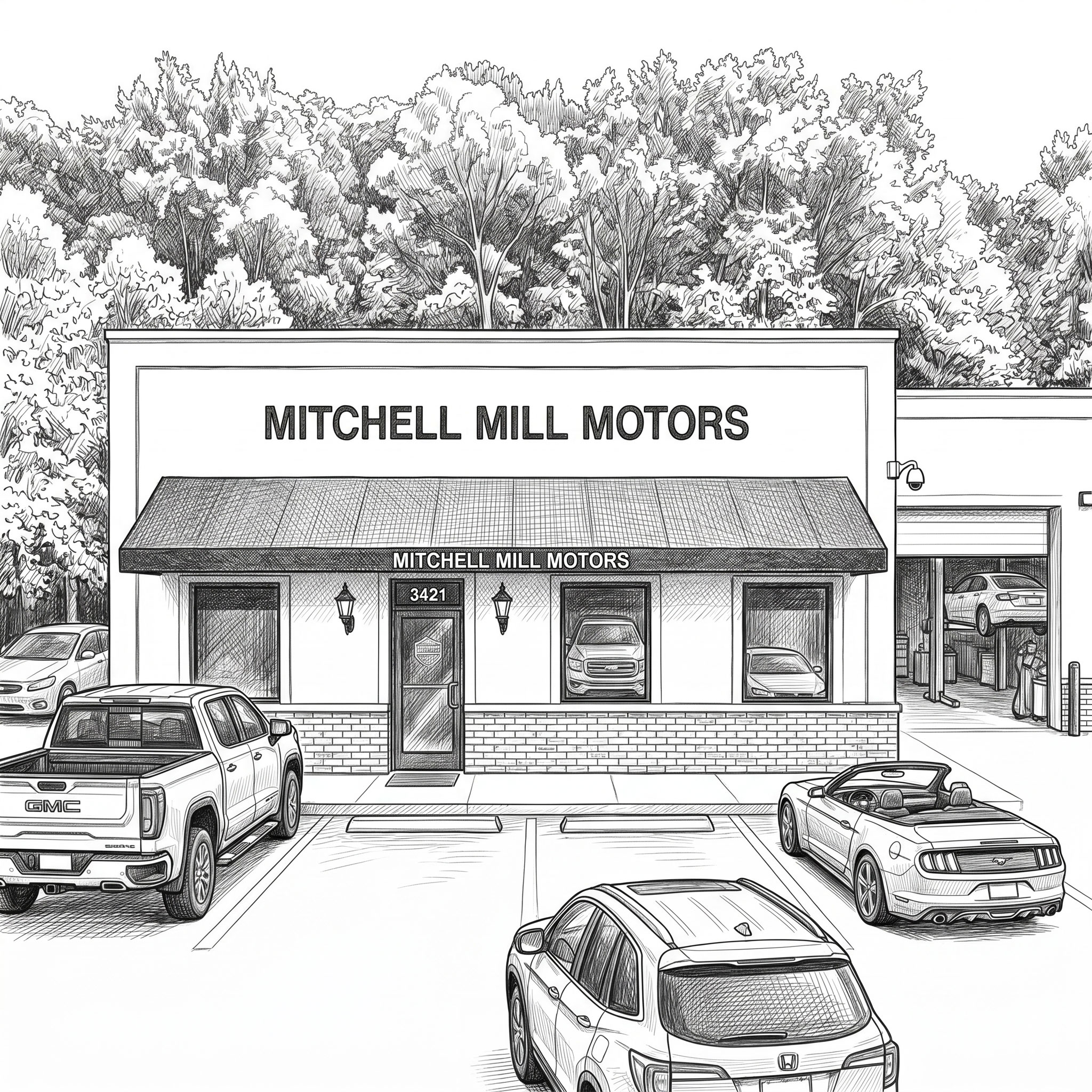 Illustration of Mitchell Mill Motors on Forestville Road, Raleigh